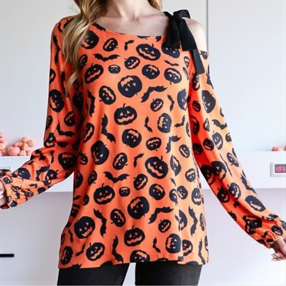 Heimish Orange Halloween Pumpkin Print One Shoulder Tie Long Sleeve T-Shirt L 🆕